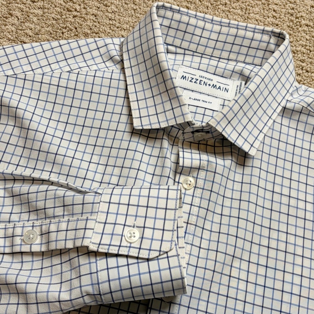 Mizzen + Main Leeward Dress Shirt Mens XL Trim Fit Blue White Windowpane Check